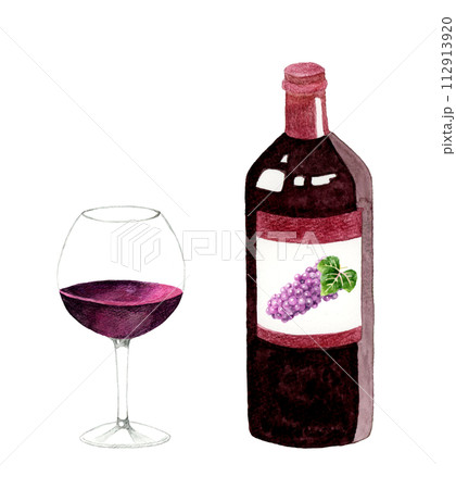 赤ワインのワインボトルとワイングラス 飲み物(お酒)の手描き水彩イラスト素材 赤ワインのワインボトルとワイングラス 飲み物(お酒)の手描き水彩イラスト素材 112913920