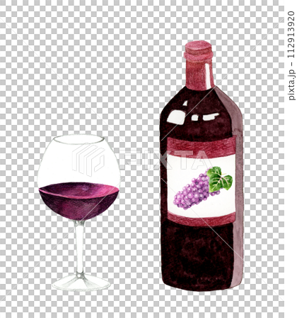 Red wine bottle and wine glass hand-drawn watercolor illustration material of drinks (alcohol) 112913920