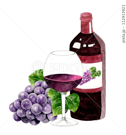 赤ワインのワインボトルとワイングラス　飲み物（お酒）の手描き水彩イラスト素材 112913921