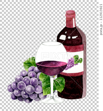 Red wine bottle and wine glass hand-drawn watercolor illustration material of drinks (alcohol) 112913921