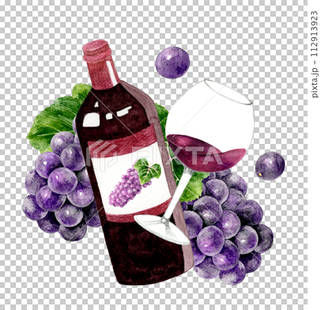 Red wine bottle and wine glass hand-drawn watercolor illustration material of drinks (alcohol) 112913923
