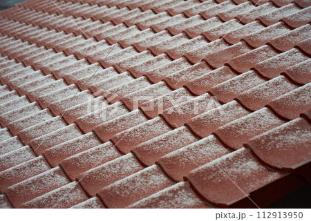 瓦の屋根に残る雪解けの氷 瓦の屋根に残る雪解けの氷 112913950