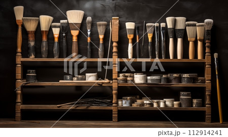 Rack holds brushes for cleaning equipment and art supplies.AI Generated Rack holds brushes for cleaning equipment and art supplies.AI Generated 112914241