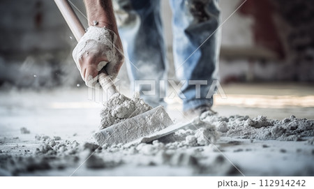 Workers scoop out cement shavings to throw away.AI Generated 112914242