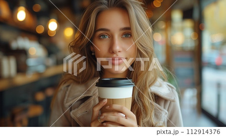 close-up portrait of a pretty girl with a paper glass of coffee 112914376