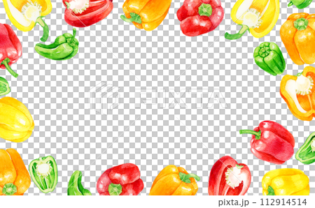 辣椒粉和青椒的彩色框架 蔬菜手繪水彩插圖背景材料 辣椒粉和青椒的彩色框架 蔬菜手繪水彩插圖背景材料 112914514