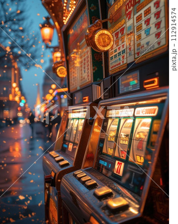 slot machines in a casino with falling won coins 112914574
