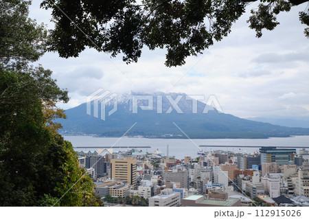 城山展望台から眺める雪が積もった桜島 112915026