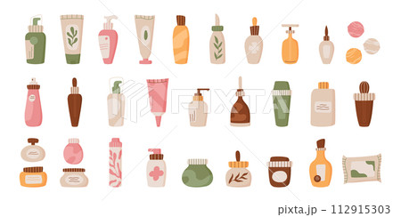 Flat isolated skin care cosmetic bottle set, eco antiaging beauty product tube, trendy minimal bodycare lotion jar, organic cleansing hygiene pack collection, abstract shapes vector illustration. Flat isolated skin care cosmetic bottle set, eco antiaging beauty product tube, trendy minimal bodycare lotion jar, organic cleansing hygiene pack collection, abstract shapes vector illustration. 112915303