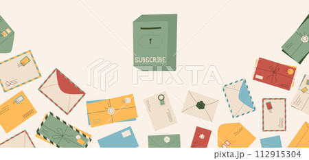 Creative style handwritten letter subscribe illustration, cartoon greeting post card newsletter background, trendy craft postcard social media template, flat paper envelope design for promotion. Creative style handwritten letter subscribe illustration, cartoon greeting post card newsletter background, trendy craft postcard social media template, flat paper envelope design for promotion. 112915304