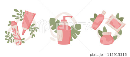 Minimal moisturizing bodycare product jar, colorful eco skincare pack set, flat isolated hair care shampoo bottle, trendy natural cosmetic cream tube, vector illustration. Minimal moisturizing bodycare product jar, colorful eco skincare pack set, flat isolated hair care shampoo bottle, trendy natural cosmetic cream tube, vector illustration. 112915316