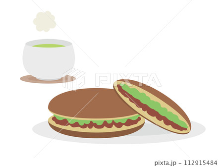 抹茶のどら焼きとお茶のイラスト 抹茶のどら焼きとお茶のイラスト 112915484