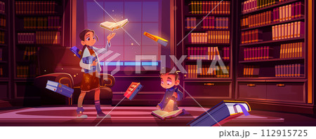 Girl kid in school magic library read book story Girl kid in school magic library read book story 112915725