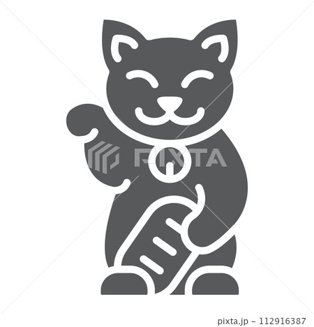 Maneki neko glyph icon, asian and animal, japanese cat sign, vector graphics, a solid pattern on a white background. 112916387