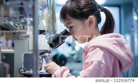Curious young girl using a microscope in a lab setting. Child exploring science. Educational theme. Modern equipment. Introducing kids to research. AI 112916774