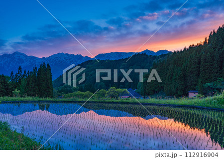 （長野県）夕焼け空に染まった白馬村・青鬼（あおに）集落の棚田と北アルプス 112916904