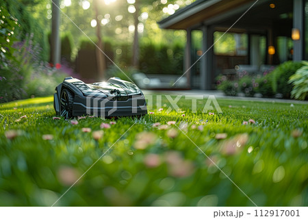 Robot lawn mower on the grass in front of the house with copy space Robot lawn mower on the grass in front of the house with copy space 112917001