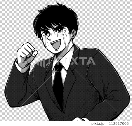 劇画漫画風のサラリーマン・嬉し泣きしながらガッツポーズ 112917006