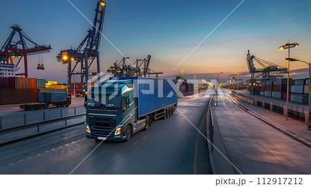 Truck trailer on the pier in the cargo port terminal with cranes and containers. AI Generated 112917212