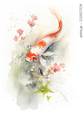 日本庭園の池で泳ぐ一匹の鯉のイラスト素材 [112917519] - PIXTA