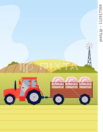 Red tractor with trailer filled with hay, vector harvesting farm machinery, agriculture industrial vehicle on rural land 112917569