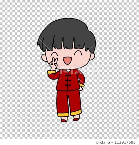 A cartoon boy in a red outfit is smiling and making peace signs 112917605