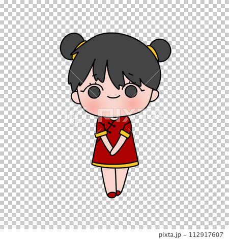 A cartoon girl in a red dress with a red bow on her head 112917607
