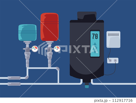 Heating system with black boiler, pump, expansion tank and pipes vector illustration, house electric heating aqua equipment Heating system with black boiler, pump, expansion tank and pipes vector illustration, house electric heating aqua equipment 112917716