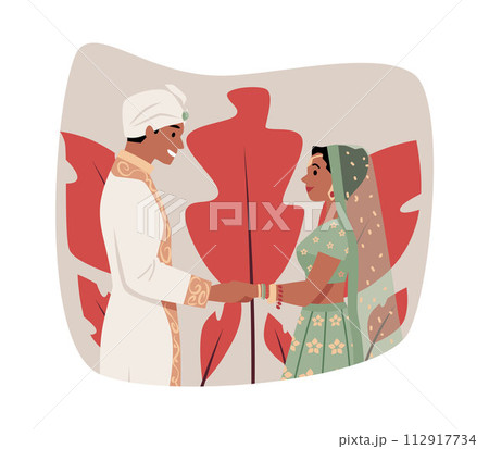 Happy bride and groom holding hands flat style, vector illustration Happy bride and groom holding hands flat style, vector illustration 112917734