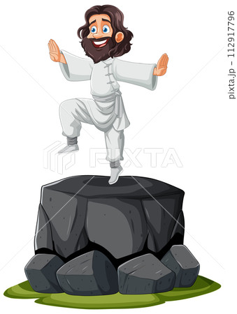 Joyful Man Practicing Balance on Rock 112917796