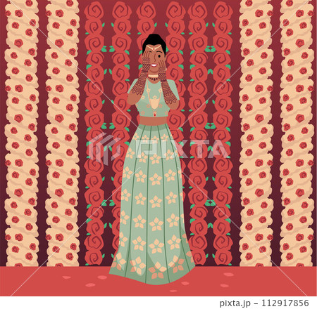 Beautiful happy Indian bride in traditional Indian wedding outfits jewelry hands up, marriage engagement vector portrait 112917856