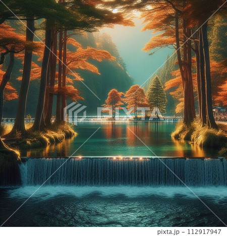 スギ並木と夕暮れの美しい湖 112917947