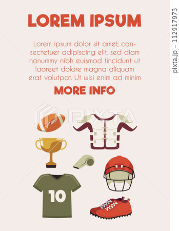 College football equipment and uniform cartoon set on vector poster, sport professional protective helmet, winner's cup ball 112917973