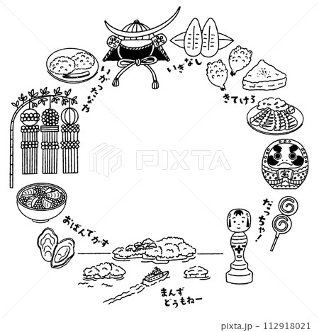 シンプルでかわいい宮城県にまつわるイラストの円形フレーム(モノクロ) シンプルでかわいい宮城県にまつわるイラストの円形フレーム(モノクロ) 112918021