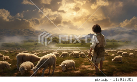 Capturing serenity: a tender portrayal of the little child Jesus Christ herding sheep, an endearing and symbolic scene embodying innocence, faith, and the pastoral charm of the biblical narrative 112918305