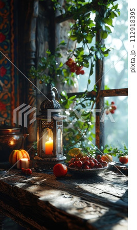 In this evocative image, a radiant Ramadan lantern illuminates the surroundings, symbolizing the holy month's spiritual warmth, cultural richness, and festive joy 112918395