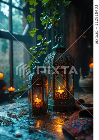In this evocative image, a radiant Ramadan lantern illuminates the surroundings, symbolizing the holy month's spiritual warmth, cultural richness, and festive joy In this evocative image, a radiant Ramadan lantern illuminates the surroundings, symbolizing the holy month's spiritual warmth, cultural richness, and festive joy 112918403