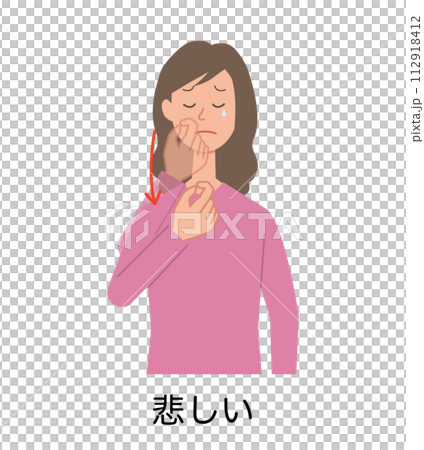 悲しいの手話をする女性のイラスト 112918412