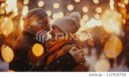 Happy romantic senior couple is hugging in winter time outside. Bokeh light around 112918739