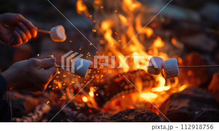 Hands of friends roasting marshmallows on the fire at campsite. Camping and food concept Hands of friends roasting marshmallows on the fire at campsite. Camping and food concept 112918756