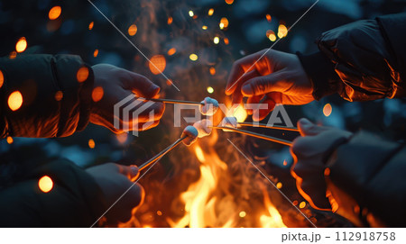 Hands of friends roasting marshmallows on the fire at campsite. Camping and food concept 112918758