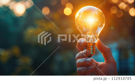 Hand holding a bright luminous Light Bulb on bokeh background. Copy space Hand holding a bright luminous Light Bulb on bokeh background. Copy space 112918785