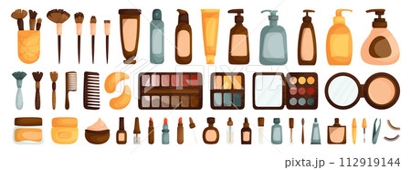 Makeup set. False eyelashes, tweezers, mascara, perfume, tube of cream, lipstick, bottle of oil, pipette, jar of cream, nail polish, brushes, wooden comb, patches, eye shadow palette, blush, dispenser Makeup set. False eyelashes, tweezers, mascara, perfume, tube of cream, lipstick, bottle of oil, pipette, jar of cream, nail polish, brushes, wooden comb, patches, eye shadow palette, blush, dispenser 112919144