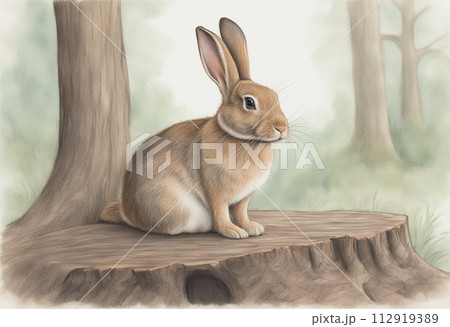 木の上でくつろぐうさぎ 112919389