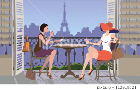 Two friends on the terrace in a cafe with Paris in the background. Vector. Two friends on the terrace in a cafe with Paris in the background. Vector. 112919521