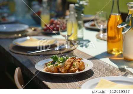 Delicious grilled food with fresh vegetable salad on plate. Preparing meals, refreshments for garden party. Outdoor grill or BBQ party. 112919537