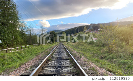 A train tracks with trees and grass in sunny day A train tracks with trees and grass in sunny day 112919559