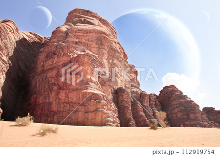Fantastic scenic with sand desert, rock and planets in sky. Beautiful landscape with red sand, three planets in blue sky and rocky mountains. 3d render Fantastic scenic with sand desert, rock and planets in sky. Beautiful landscape with red sand, three planets in blue sky and rocky mountains. 3d render 112919754