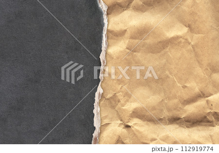 Horizontal background with torn paper edge. Cardboard texture of black color and crumpled paper of light brown color. Copy space for text Horizontal background with torn paper edge. Cardboard texture of black color and crumpled paper of light brown color. Copy space for text 112919774