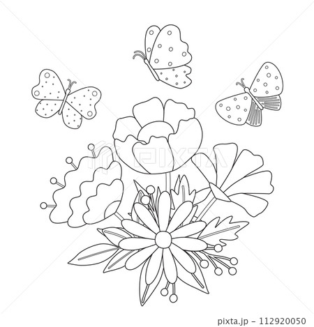 Simple childrens coloring page with cute flowers and butterflies. Vector illustration with silhouette of plants, spring drawing. 112920050